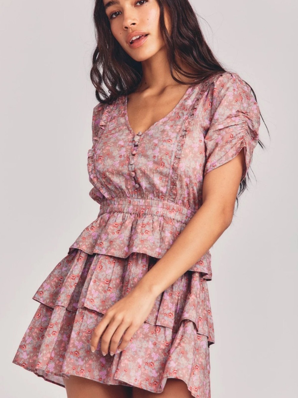 LoveShackFancy Roth Pink Floral Ruffle Mini Dress